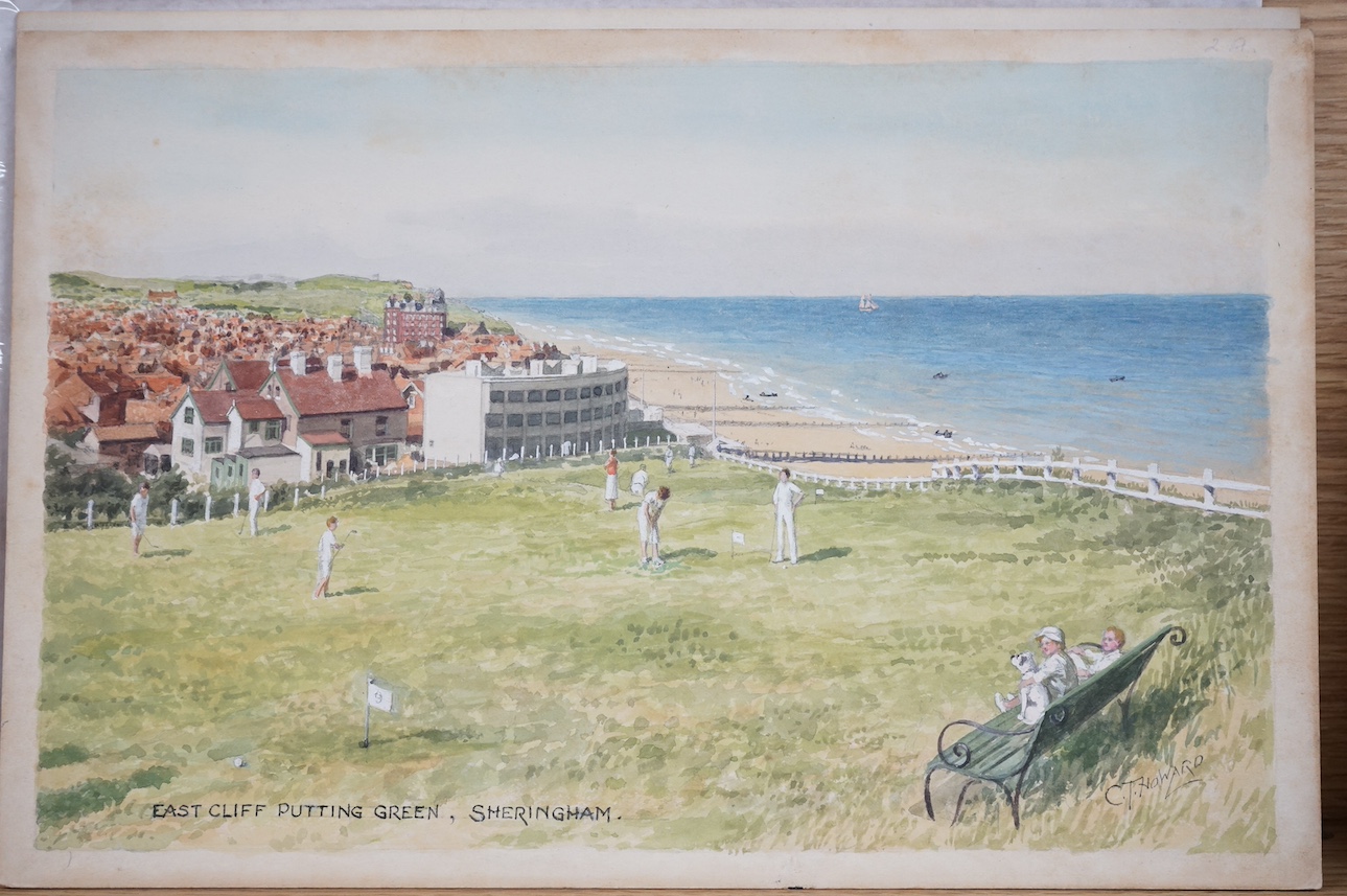 Charles Thomas Howard (1865-1942), a set of four original watercolours for postcard designs, Seaside towns comprising; ‘Swimming Pool, Minehead’, ‘Midland Hotel, Morecambe’, ‘East Cliff Putting Green, Sheringham’ and ‘Th